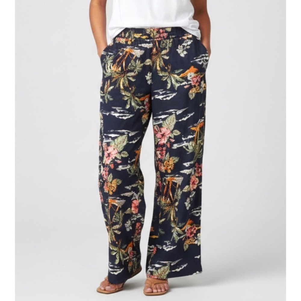 TIME/TRU Linen Blend WIDE LEG PANTS Navy Blue Hawaiian Tropical Island Print L